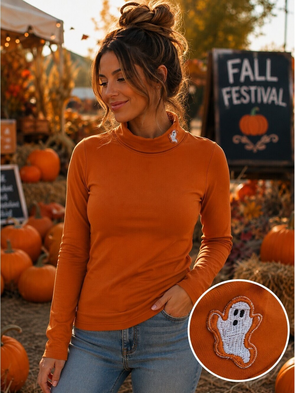 Vintage Basic Editions 100% Cotton Orange Halloween Ghost Detail Fall Autumn Vtg